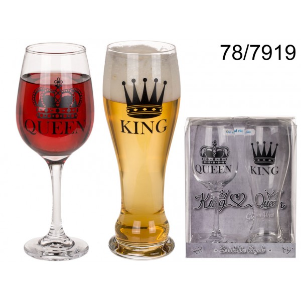 Drinking Glass Set King for Beer & Queen for Wine