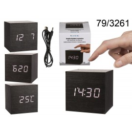 Ξύλινο Ψηφιακό Ρολόι κύβος Ξυπνητήρι- Θερμόμετρο